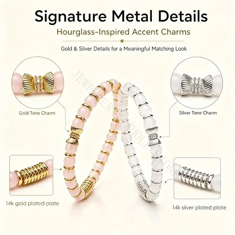R7UF 2 Round Bead Bracelets with Stretch Construction, Natural Stone Beads, and Mixed-Tone for Separate or Stacked Wear