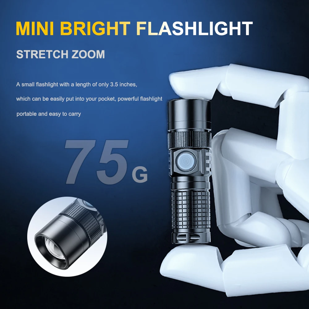 Mini linterna recargable tipo c 18650, batería 16430 con zoom, 4 modos, resistente al agua IPX7, luz de mano LED superbrillante