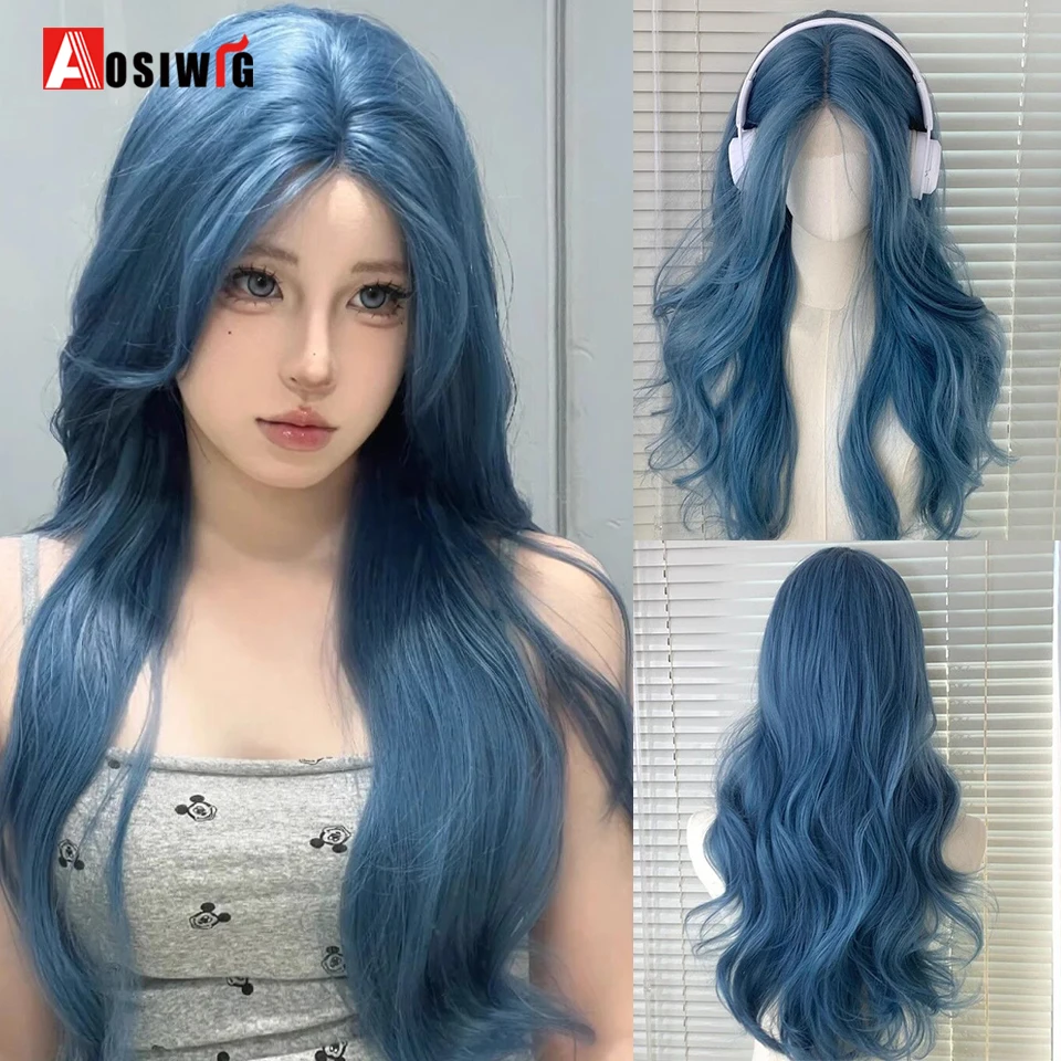 

22Inch Sea Blue Color Synthetic Wigs Middle Part Long Natural Wavy Hair Wig For Women Cosplay Drag Queen Party Heat Resistant