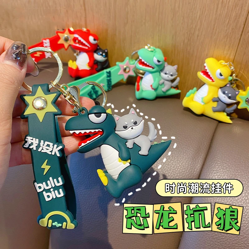 Cartoon Animal Sitting Dinosaur Back Wolf Doll Keychain Fun I Have No K Lightning Music Headphone Dinosaur Keyring Gift Backpack