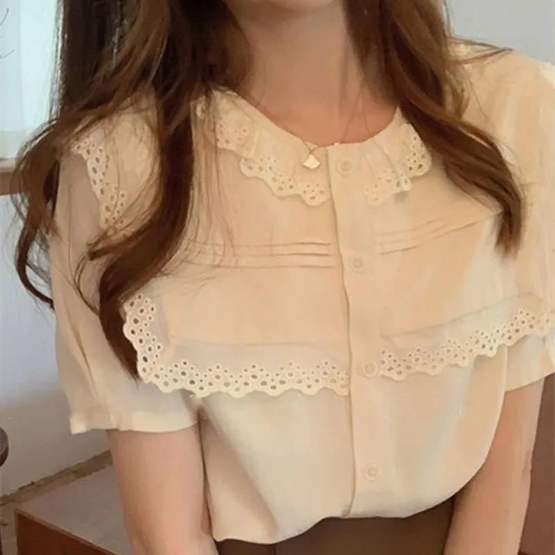 

2025 Women's Lace Collar Blouse - Short Sleeve White Shirt Elegant