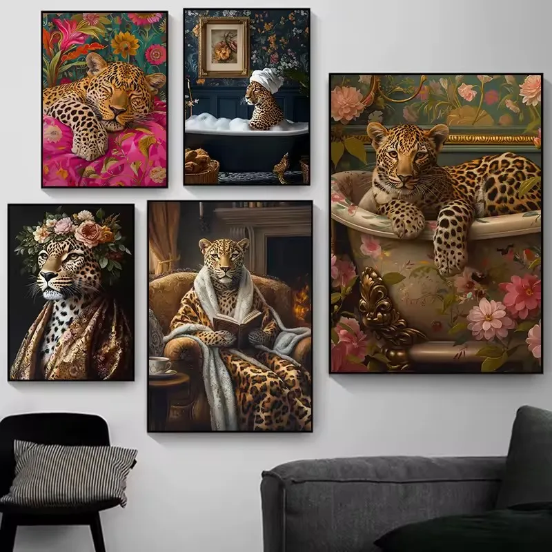 2026 new Vintage Floral Animal Head Aristocratic Portrait Leopard Duck Posters Prints Canvas Printing Wall Art Picture Living Ro view 4