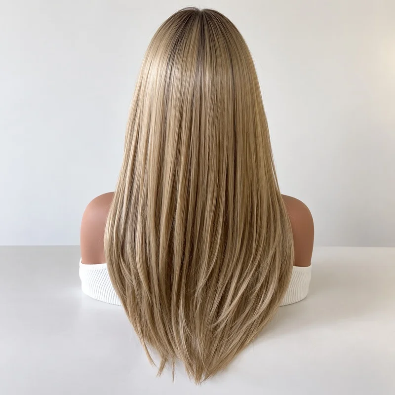 MONO Glueless Wig for Women Ombre Blonde with Brown Roots Long Straight Layered Hair Pre-Cut Free Parting for Daily Wear