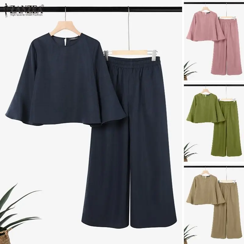 Frühlings-Hosenanzüge ZANZEA Lässiger O-Ausschnitt Langarm-Oberteil Hosen-Set Eleganter Einfarbiger OL Arbeitsanzug 2026 Modische Damen-Outfits