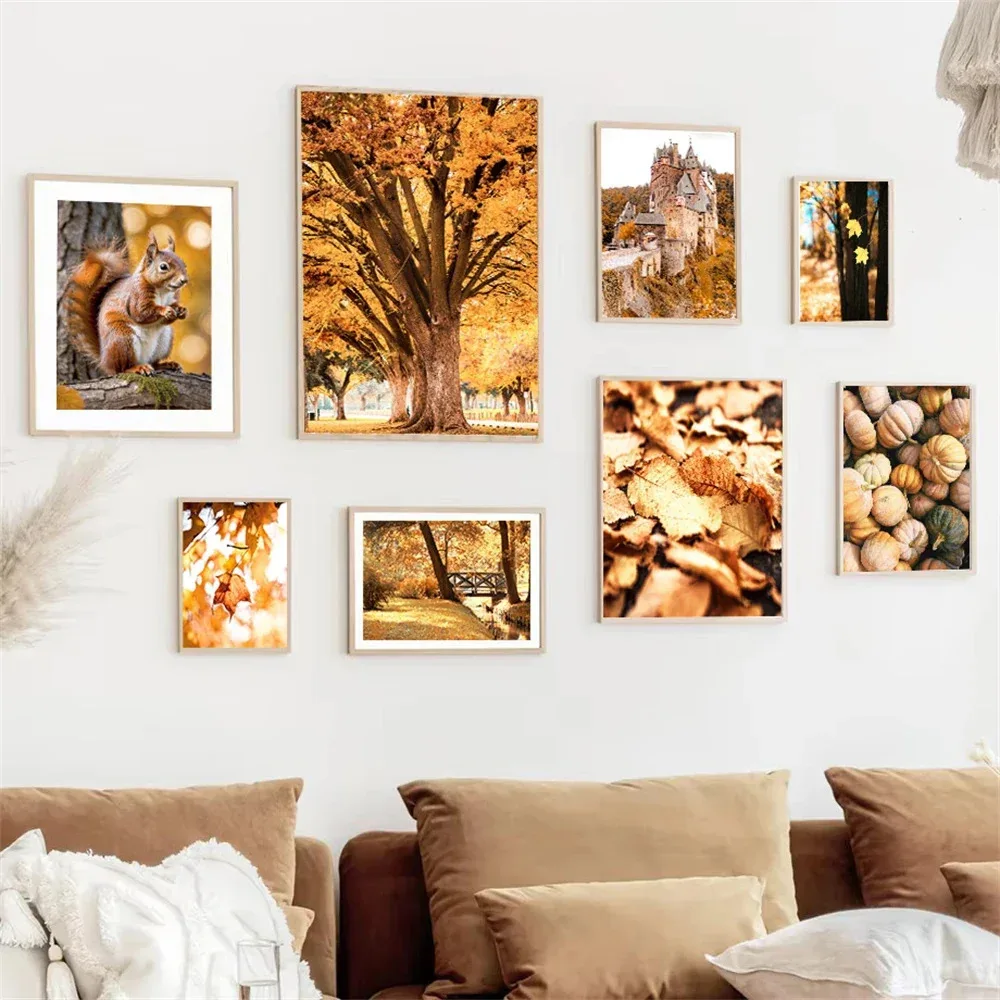 1pc frameless Canvas Painting Autumn Forest Landscape Posters Canvas Painting Fall Leaves Squirrel Pumpkin Wall Art Print Pictur
