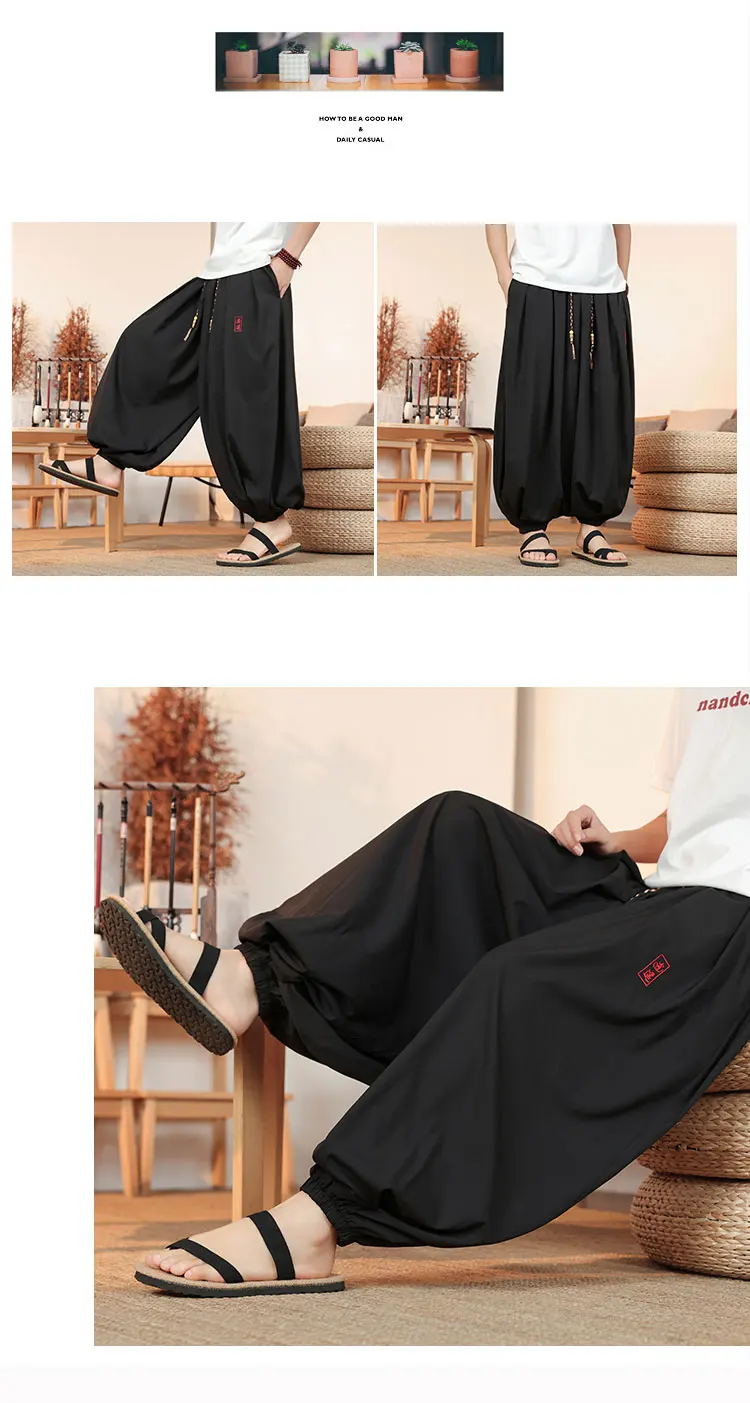 Plus Size 8XL Pants Men Summer Ice Silk Thin Lantern Pants Men Fashion Loose Breathable Casual Comfortable Wide Leg Trousers Men