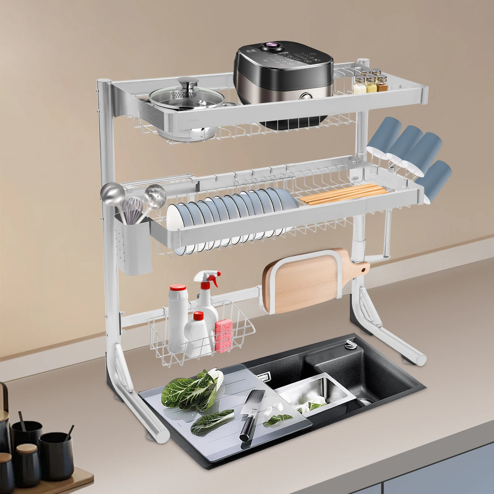 2 الطبقة تجفيف الأطباق 304 الفولاذ المقاوم للصدأ سعة كبيرة مع عود قفص حامل الكأس سلة قطع مجلس حامل حامل سكاكين