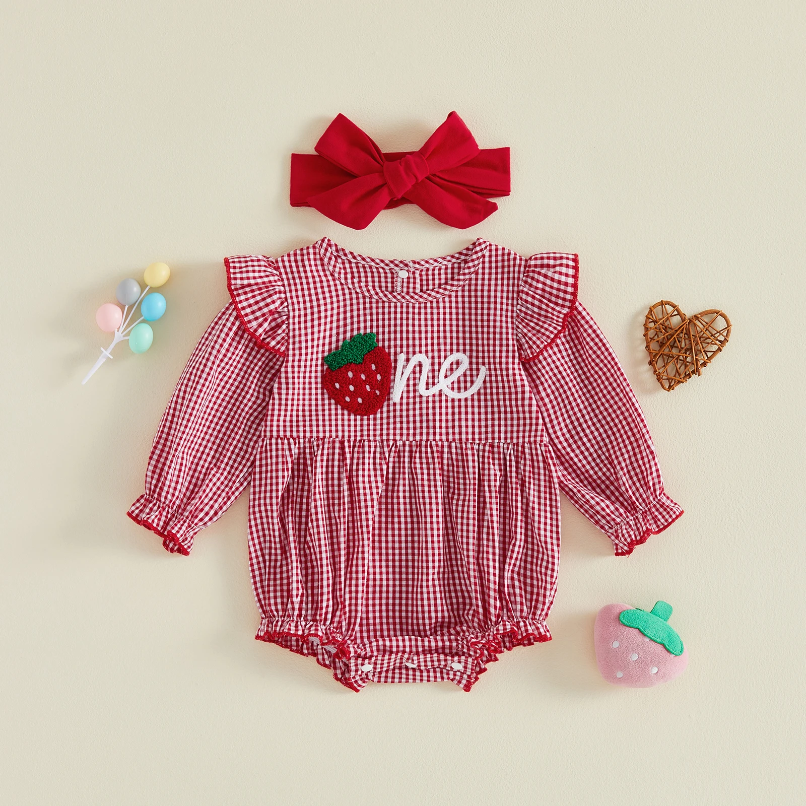 Baby Girl Birthday Outfit Long Sleeve O Neck Strawberry Embroidery Plaid Romper with Headband