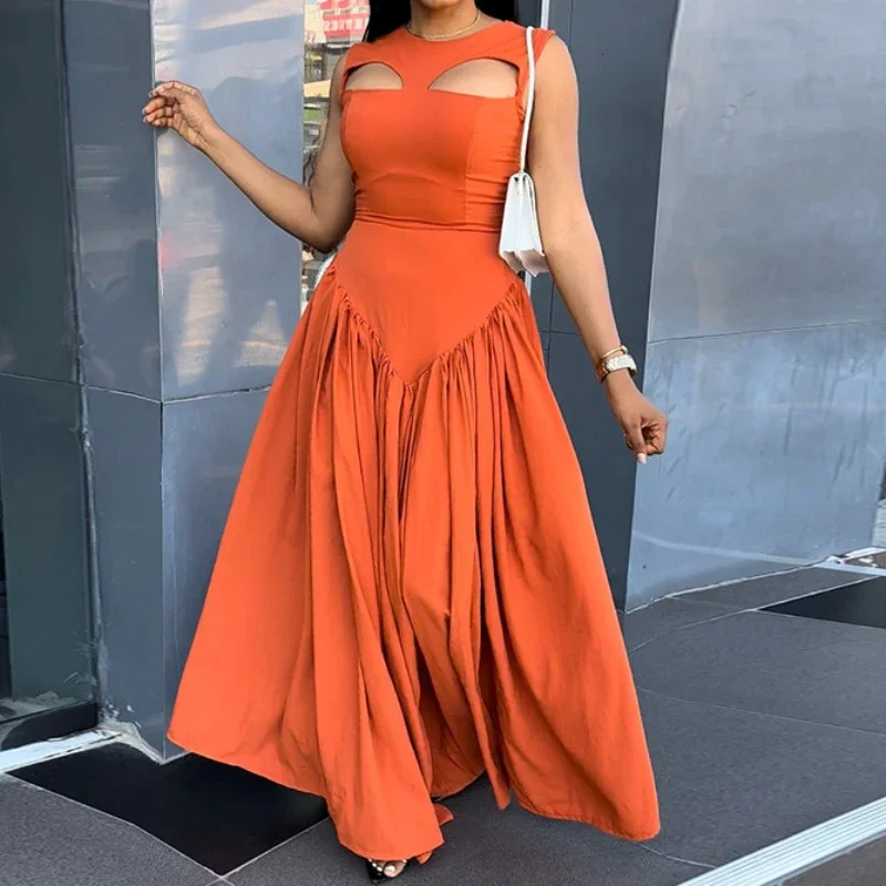 Long Dresses Women Summer Hollow Out Boho Orange Red Party Dress Loose High Waist Maxi Casual Streetwear Elegant Sexy Vestidos