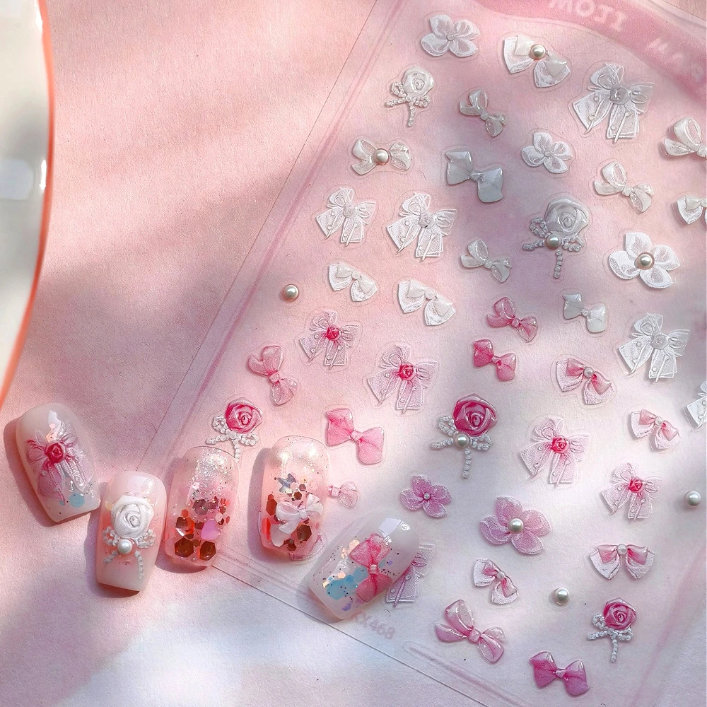 

Lovely Pink White Ribbon Bowknot Rose Pearl 3D Jelly Self Adhesive Nail Art Sticker Shiny Cute Bow Tie 5D Reliefs Manicure Decal