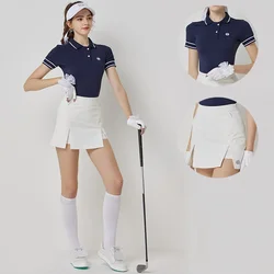 Blktee Women Short Sleeve Golf T-shirt Striped Polo Tops Lady Slim High-waisted Culottes Split Pencil Golf Skirt Korean Style