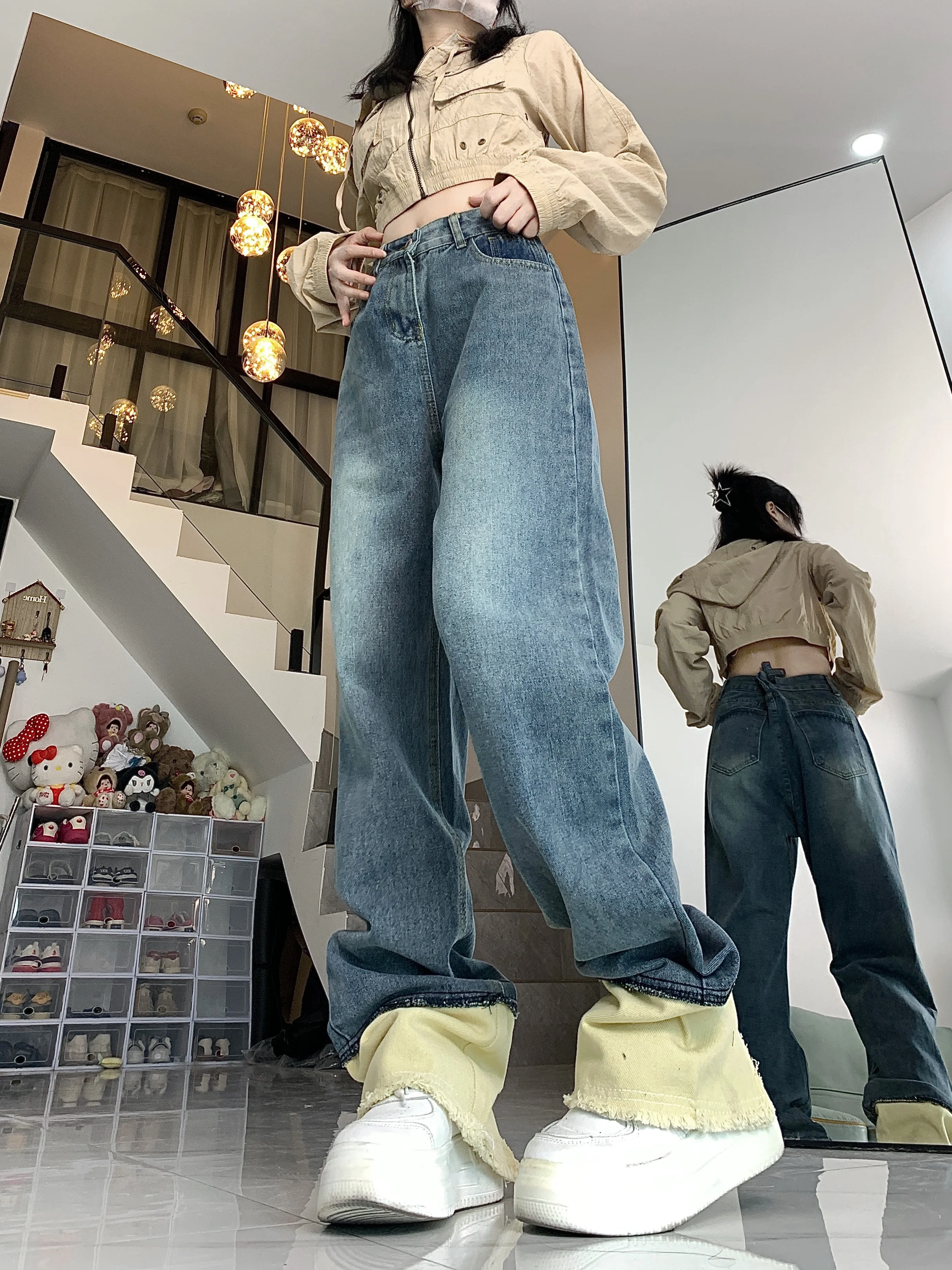 WCFCX STUDIO Women's High Waist Wide Leg Jeans Vintage Straight Leg Pants Fashionable Floor Mopping Jeans