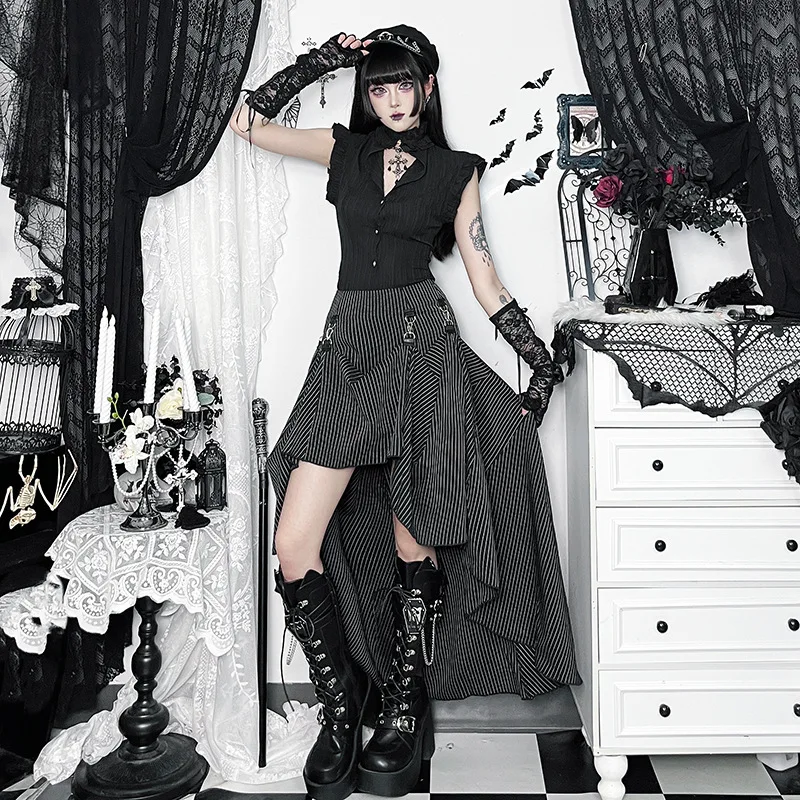 

Черная длинная юбка для девочек в готическом стиле, японская темная рубашка с короткими рукавами, субкультура, лоскутные полуюбки, женская одежда