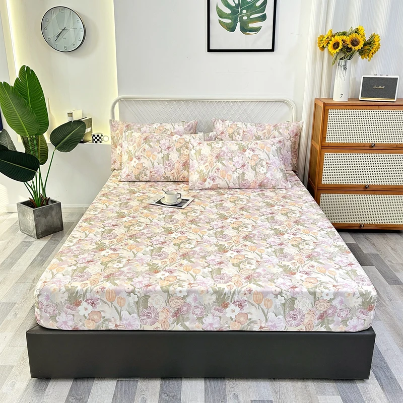 Blumendruck Doppelbett-Laken Einzelbettlaken mit Gummizug Bettlaken mit Kissenbezug Baumwolle Verstellbares Unterlaken Queen-Size