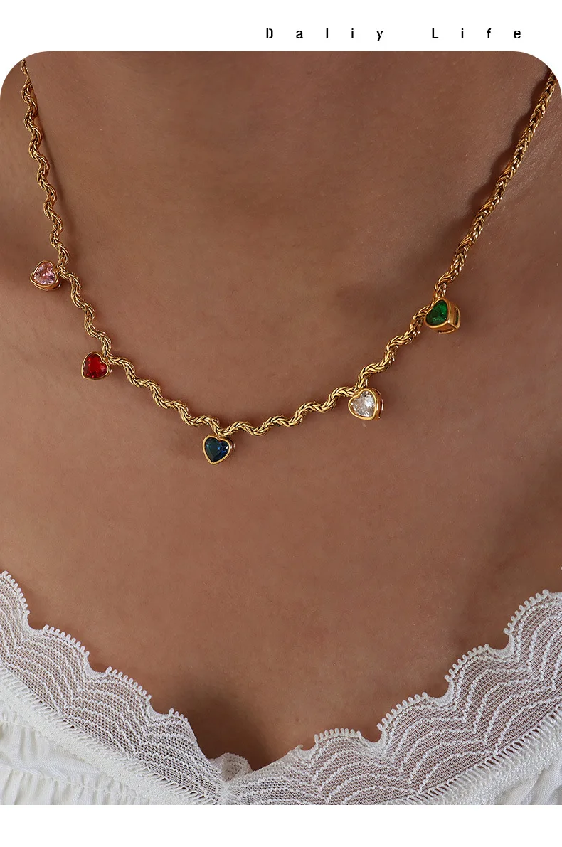 Mode Bunte Zirkonia Herz Anhänger Halskette Frauen 316 Edelstahl Vergoldet Dame Wasserdicht Schmuck Zubehör Geschenk – Detail 5