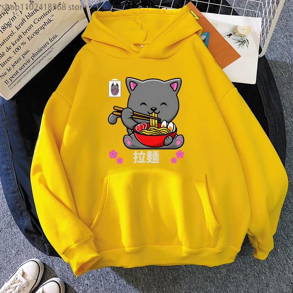 Cat Eating Spaghetti Hoodie MEN Harajuku Sweatwear Women Cartoon Sweatshirt O-Neck Personality Pullover Y2k Sudadera Para Mujer