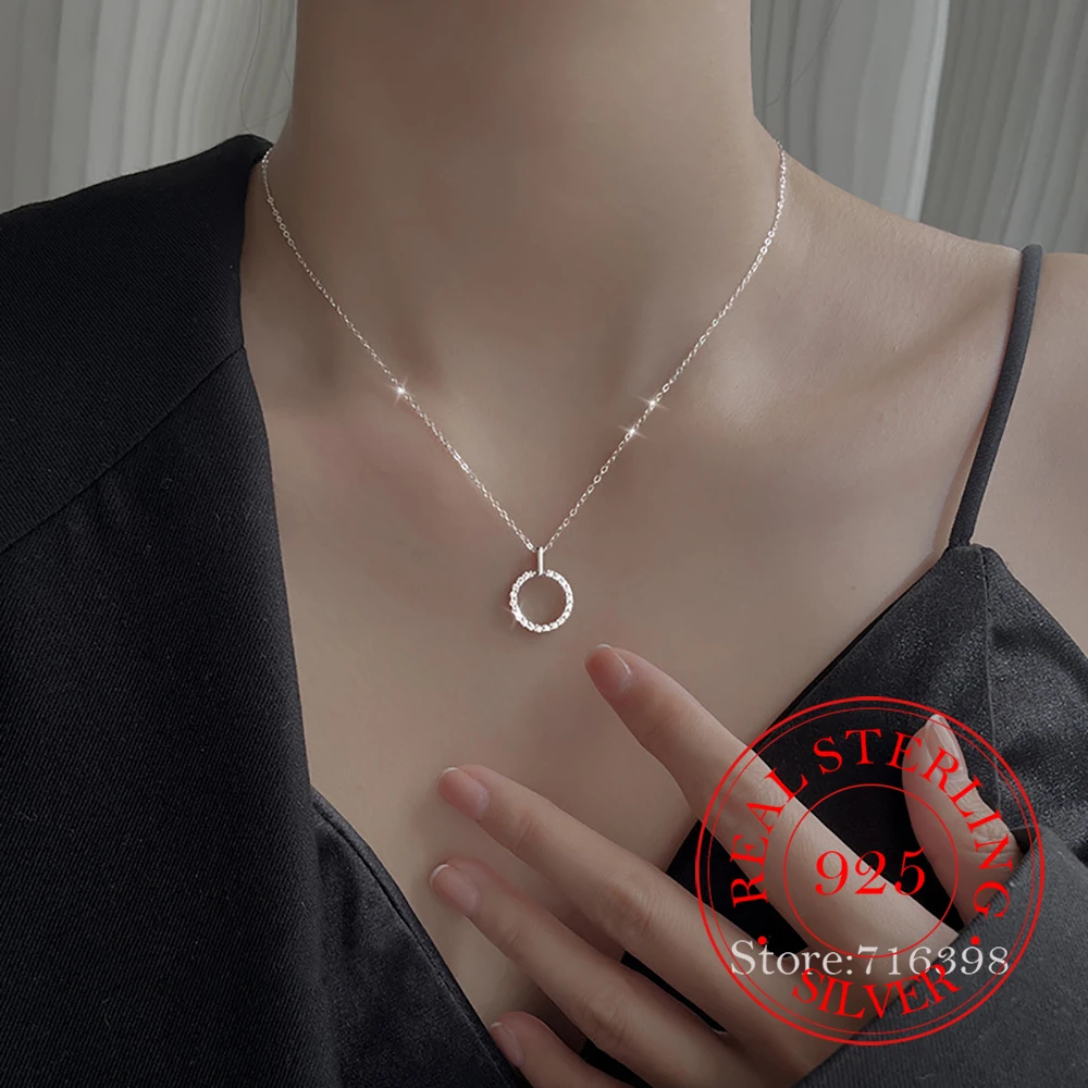 Real Money 925 Sterling Silver Women\'s Pendant Necklace Round Circle Crystal Pendant Necklace Wedding Party Jewelry Gift