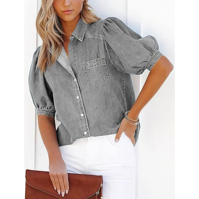 Camisa feminina casual de manga curta com botão solto blusa de algodão leve respirável verão escritório workwear estilo elegante