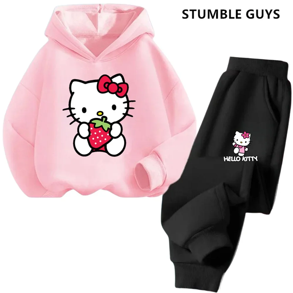 New Hello Kitty Spring Cute Kids Hoodie 2024 Cartoon Girl Student Street Wear Pullover Hoodie Casual Suit for 3-14 Year Olds