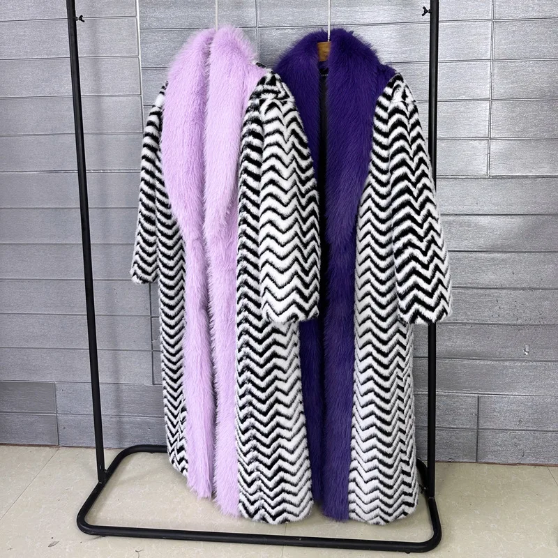 Original Design Faux Fur Coat Striped Patchwork Plush Long Jacket Lady Outerwear Women's Winter Coats Factory Direct Sales