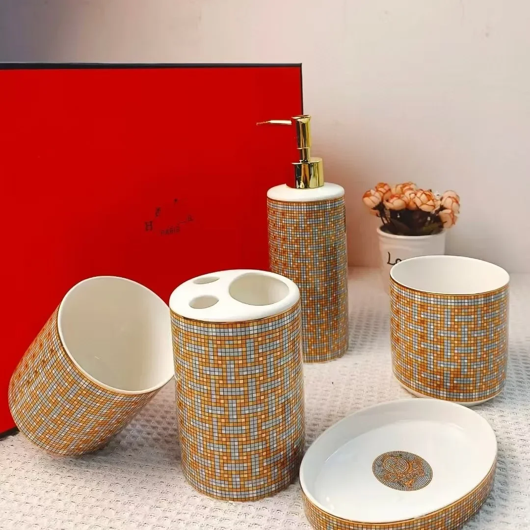 European-Style Ceramic Five-Piece Bathroom Set Washing Mouthwash Cup Supplies Cross-Border Delivery