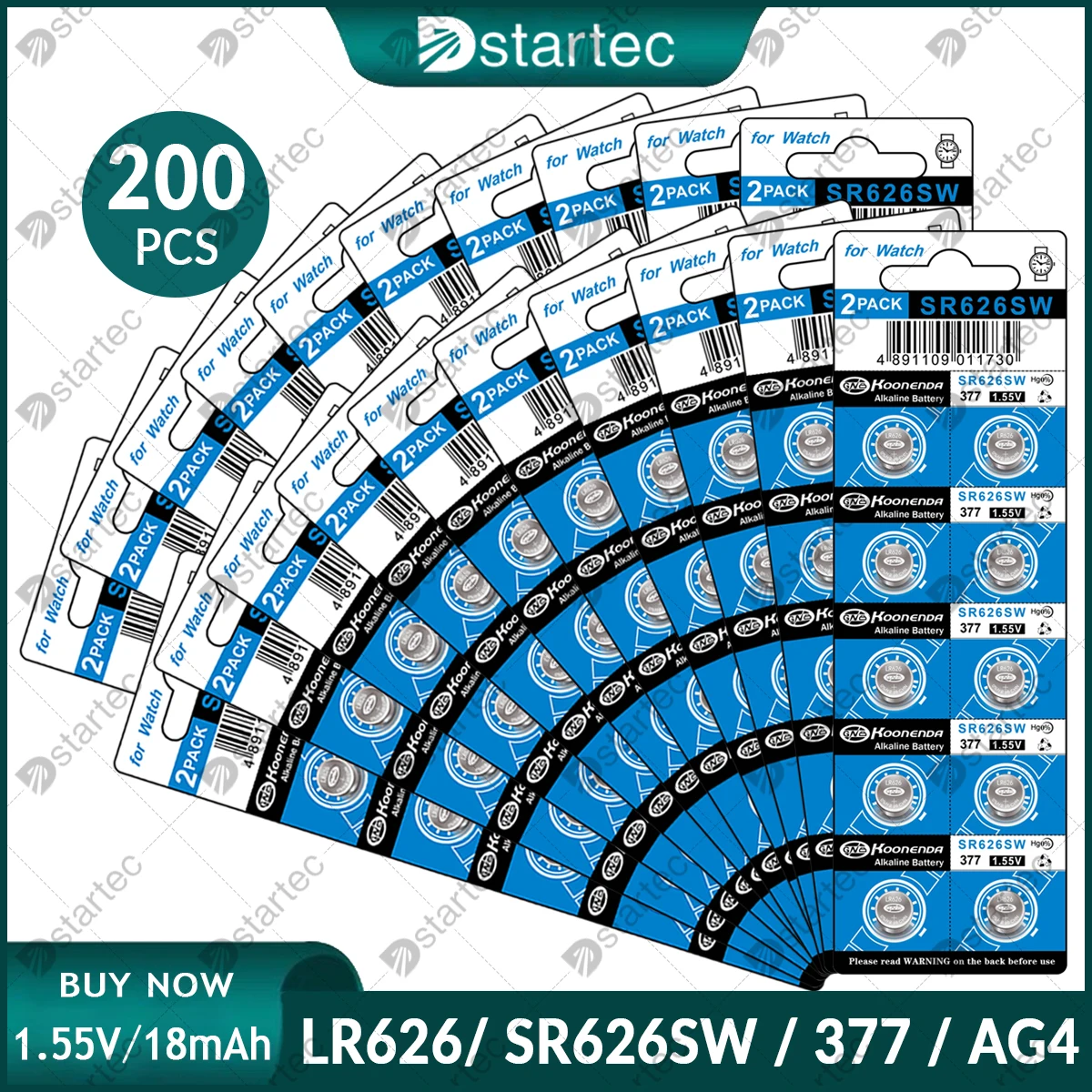 200 قطعة Koonenda 377 376 SR626SW AG4 LR626 بطاريات الساعة ، بطارية خلية عملة طويلة الأمد 1.55 فولت للعبة التحكم عن بعد راديو صغير