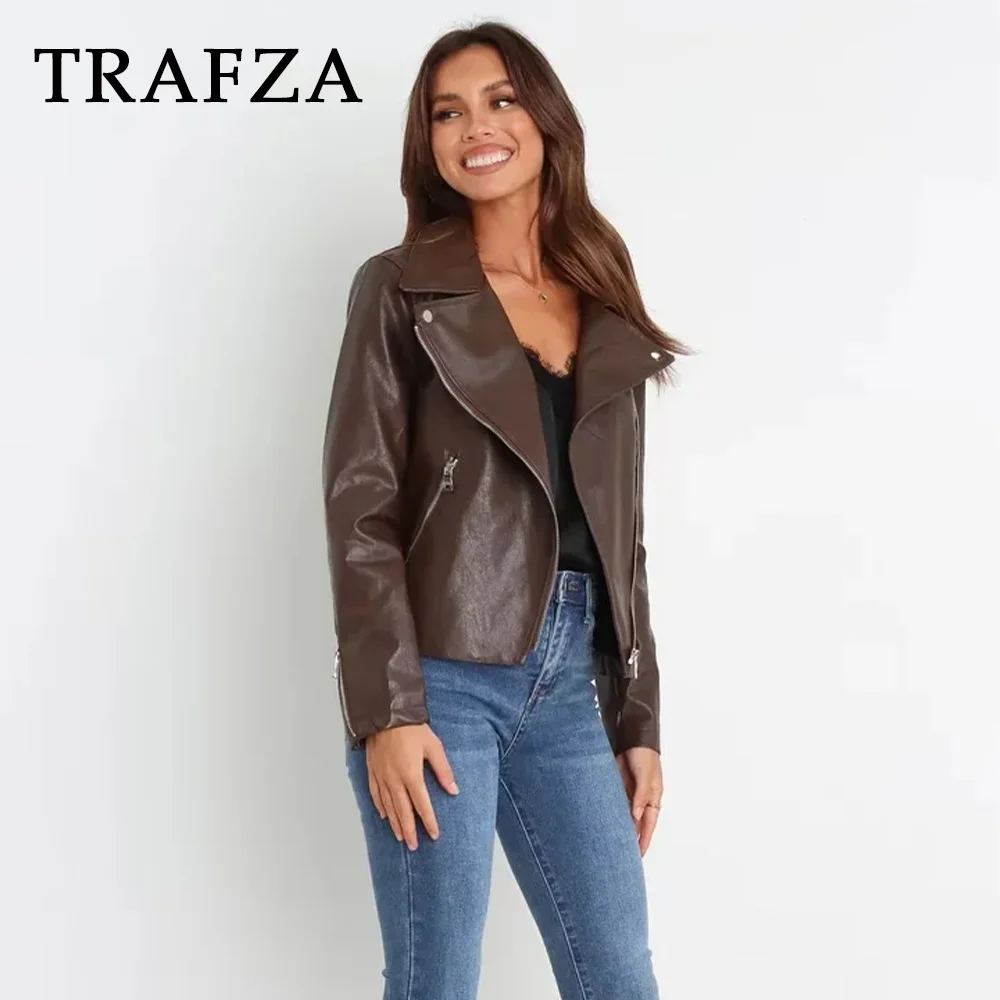 TRAFZA 2023 Women Autumn Casual PU Zippers Jackets Fashion Winter Vintage Solid Straight Coat For Women Streetwear Women Jacket