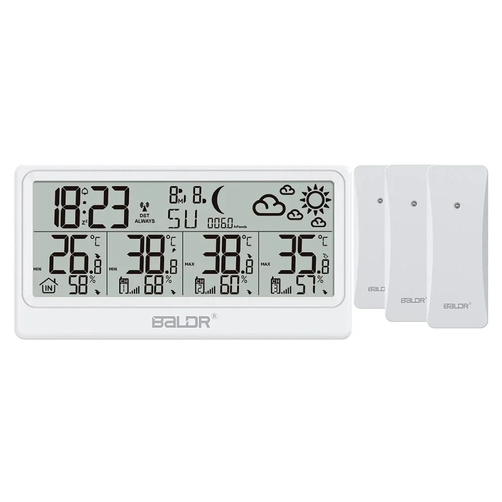 Baldr 8.5 Inch Weather Station Digital DCF Wall Table Atomic Alarm Clock Calendar Hygrometer Thermometer 3 Forecast Sensor -40°C