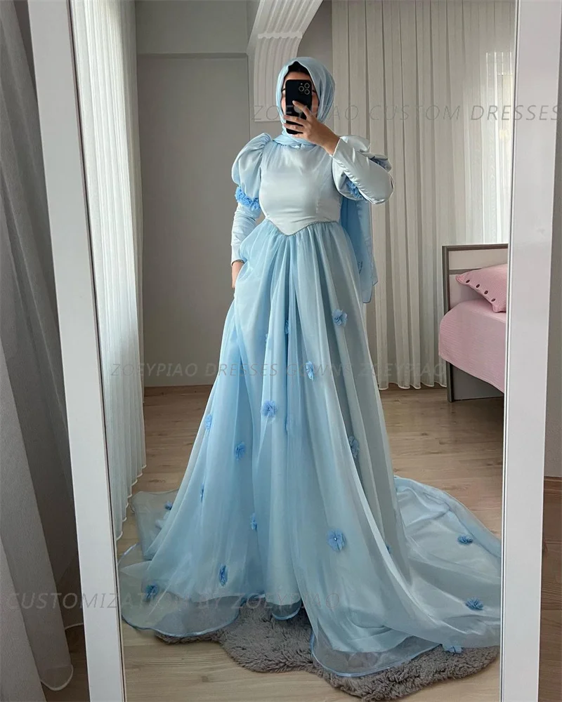 Hellrosa 3d Blumen Ballkleid Seide Satin eine Linie muslimischen Abendkleid Kleider o Hals Langarm فستان سpflegen رة formelle Party kleid