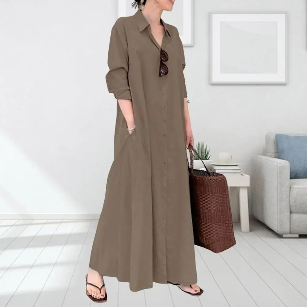 Robe maxi boutonnée de style rétro pour femmes avec poches, chemise de printemps, col rabattu, revers, décontracté, élégant