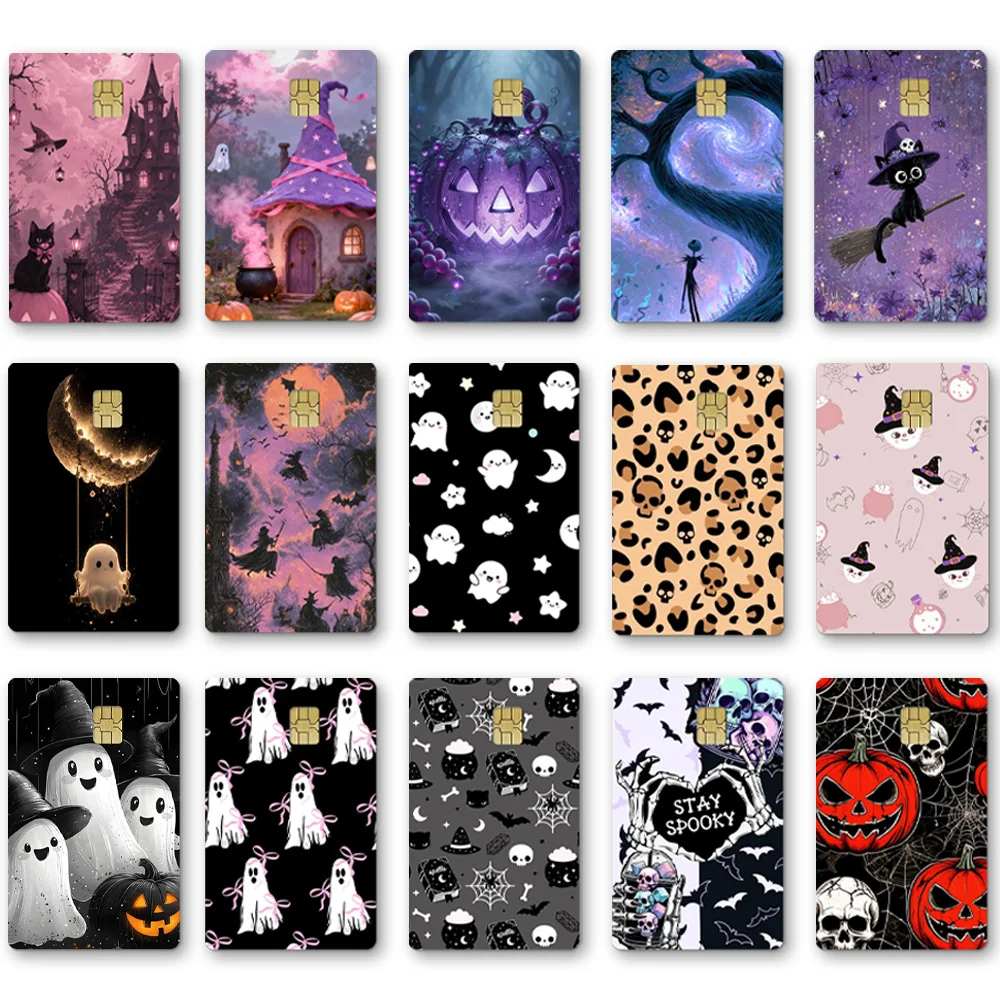 Hallowmas Pumpkin Skull Bat Cartoon Card Stickers Ghost Cat Magic Broom Festival Credit Card Stickers PVC DIY Chip Film Stickers