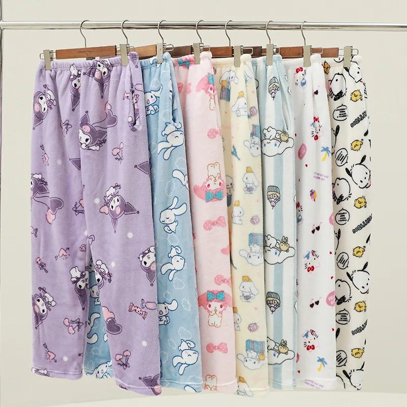 Flannel Cartoon Sanrio Walking Pants Pajamas Pants Thickened Women\'s Autumn and Winter New Warm Home Casual Pants with Pockets