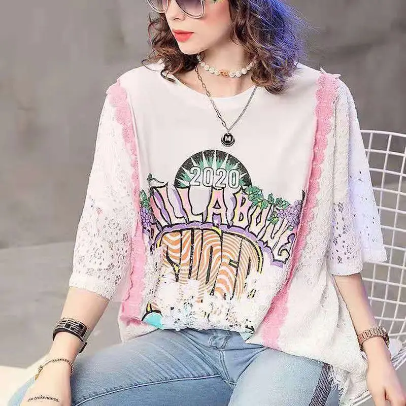 Fashion T-shirt Women 2024 Summer Large Size Loose Short Sleeve Tshirt Printed Lace Stitching Hollow T Shirt Womens Casual Tops