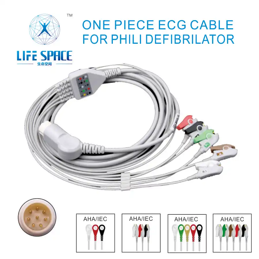 one piece ECG cable with 5 leads Clip Snap Grabber for PHIIPS DEFIBRILATOR for monitor accessories