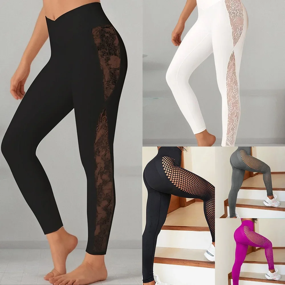 High Waist Yoga Pants with Lace Detail Slim Fit Workout Leggings for Women