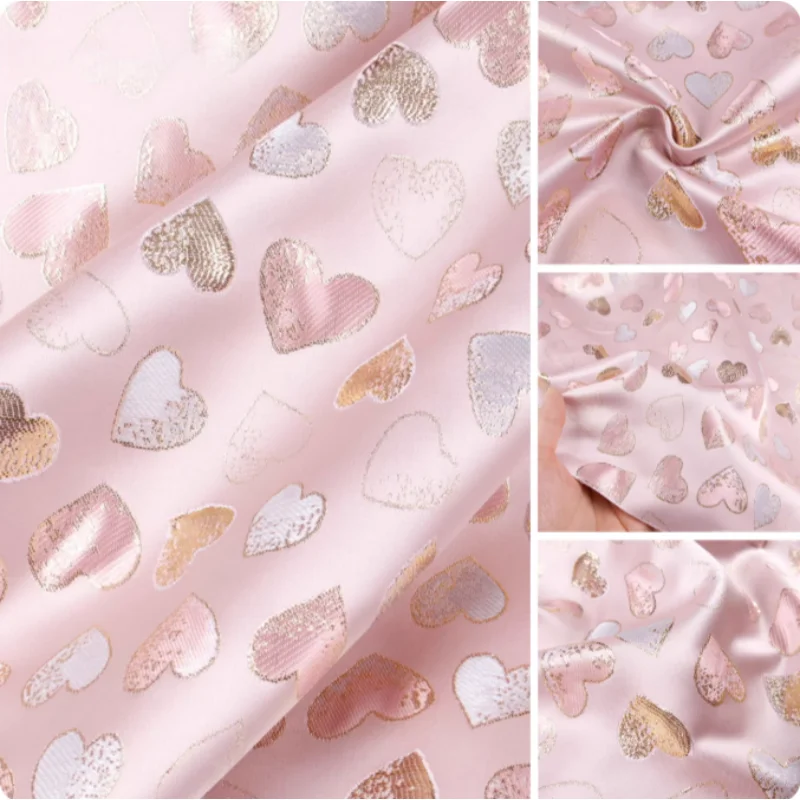 

Slightly design pink woven gold small heart jacquard fabric for dress, clothing, handbag DIY polyester fabric