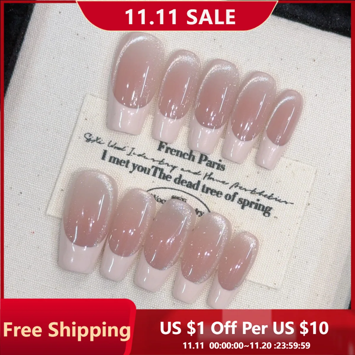 10pcs Handmade Press on Nails Medium-Length Ladder Pink Edge French Cat Eye Flash Full Coverage Nail Pieces for Women&Girl
