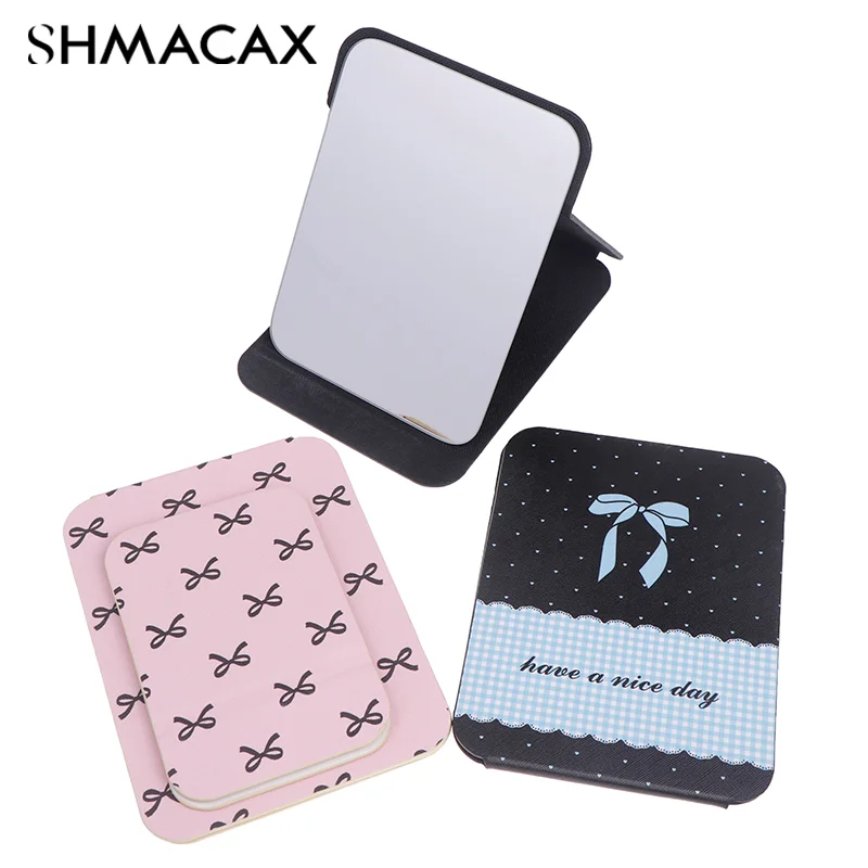 Desktop Makeup Mirror Bow PU Leather Simple Portable Handheld Makeup Mirror Foldable Student Compact Cute Pocket Mirror