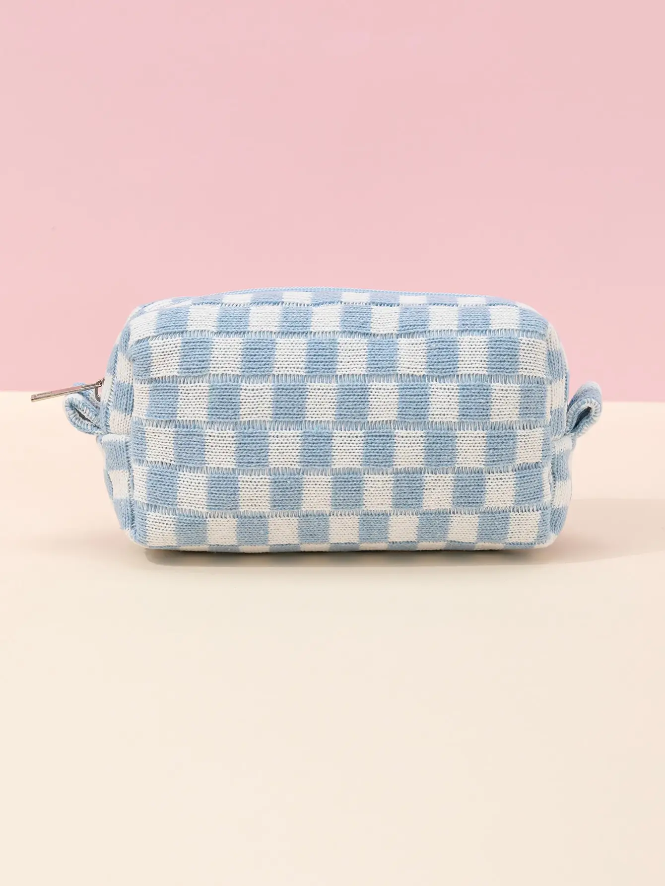 Blue And White Knitted Checkerboard Makeup Bag, Multifunctional Toiletry Bag, Lipstick Makeup Brush, Cosmetics Storage Bag