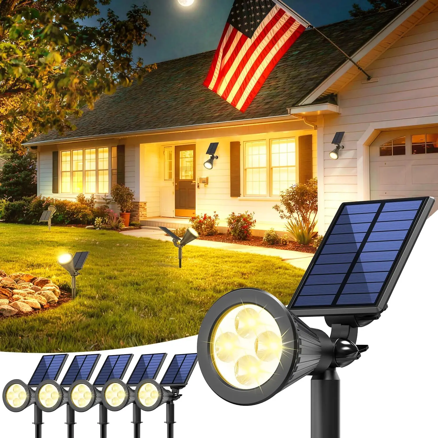 

Набор из 6 солнечных прожекторов для улицы, водонепроницаемые, с теплым белым светодиодом, для сада и ландшафта, с автоматическим включением/выключением