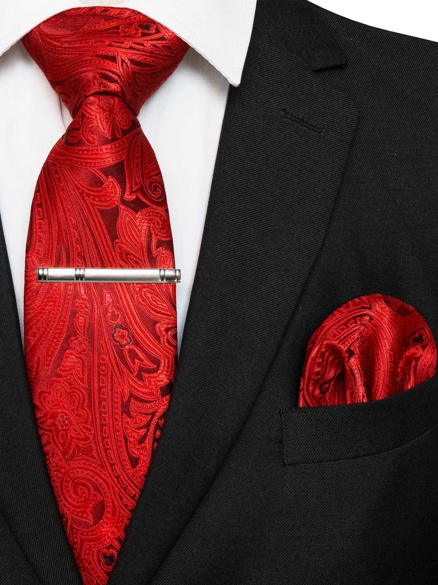 KAMBERFT Klassische Herrenkrawatte mit Krawattenklammer und Einstecktuch, 3-teiliges Set für Büro, Hochzeit, Party – Detail 8