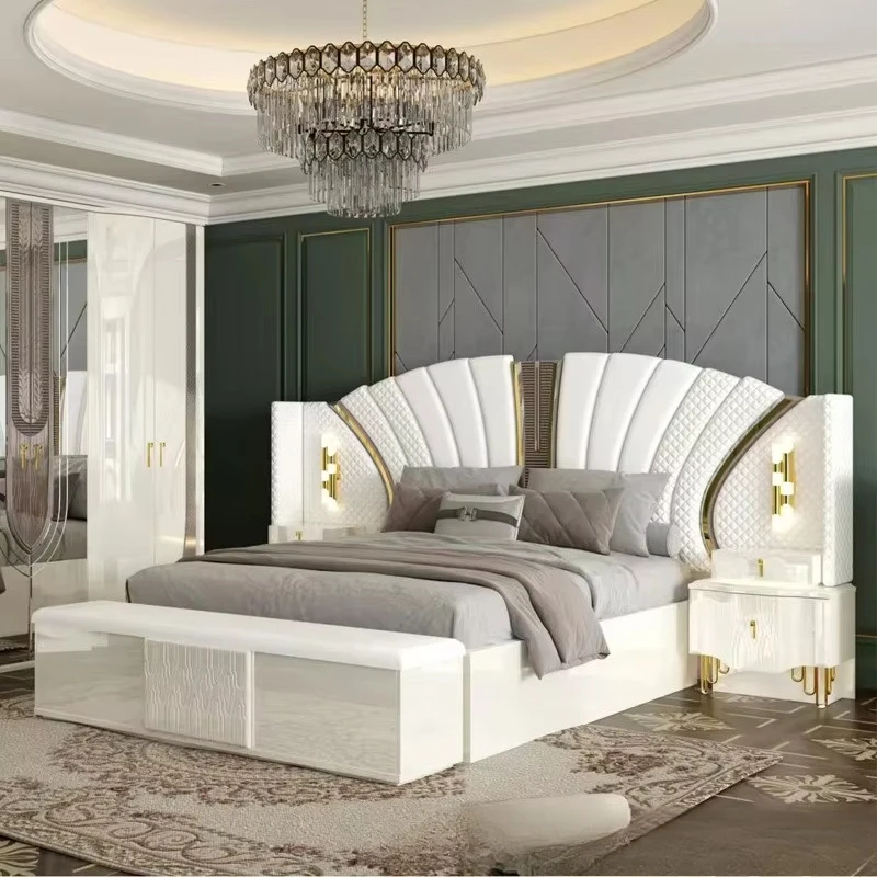 Cross-border Modern Panel-style Suite Double Bed Wardrobe Dressing Table Set Luxurious Bedroom Furniture Storage Stainless Steel