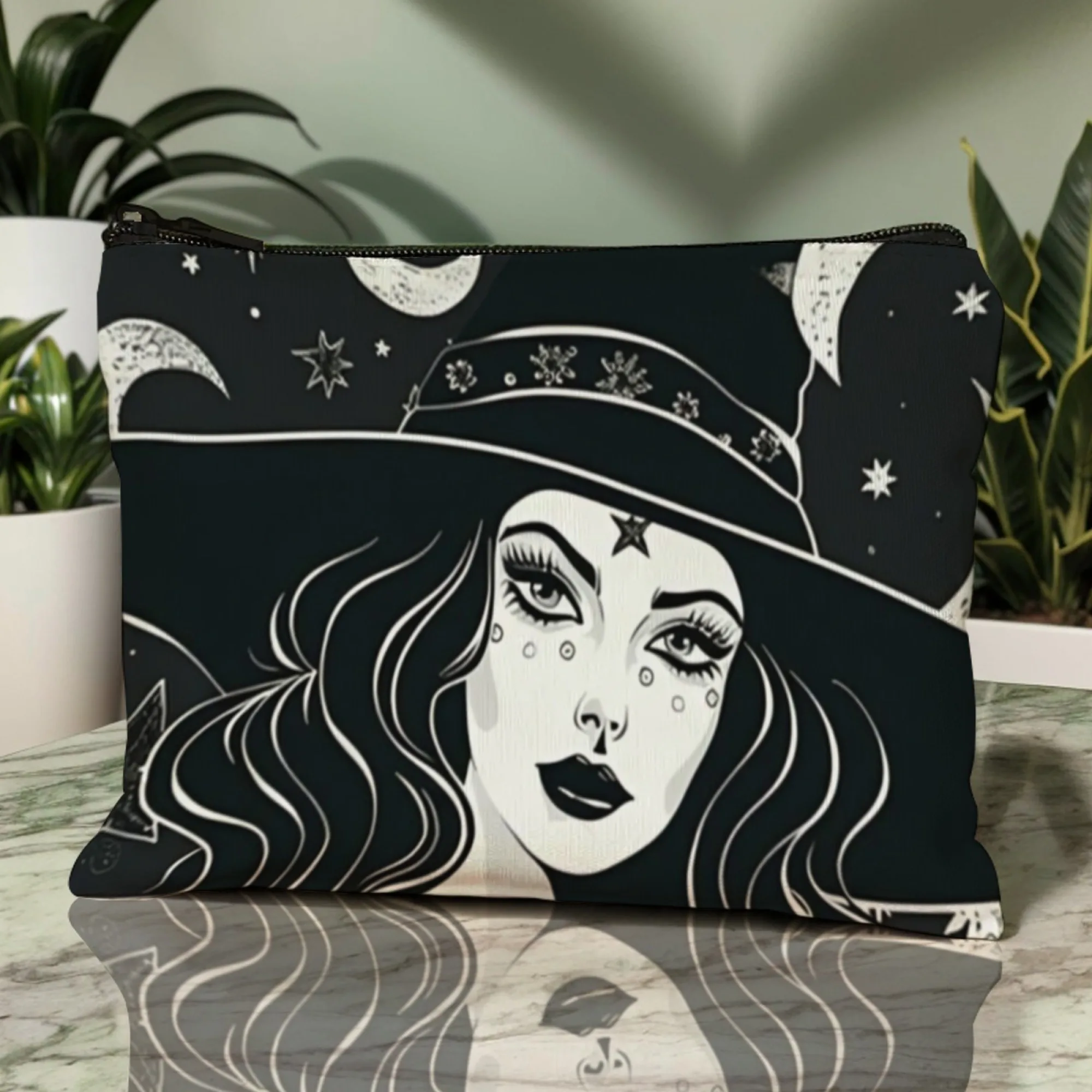Black-White Illustration Cosmetic Pouch Enigmatic Witch Portrait Surrounded By Plants and Butterflies Storage for Makeup Items