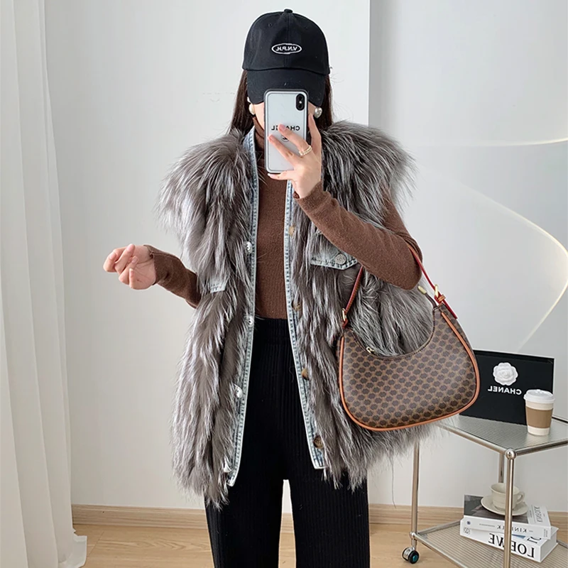 Raccoon Dog Fur Vest Women's Short Autumn and Winter Casual Single-breasted Denim Patchwork High Quality Real Fur Jacket