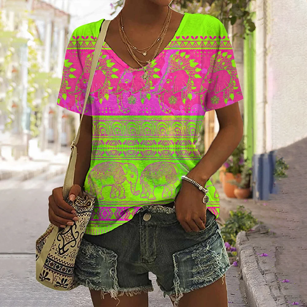 

Summer T Shirt For Women 3d Colorful Geometric Print V Neck Short Sleeve Basic Tops Streetwear Fashion Oversized Female Clothing