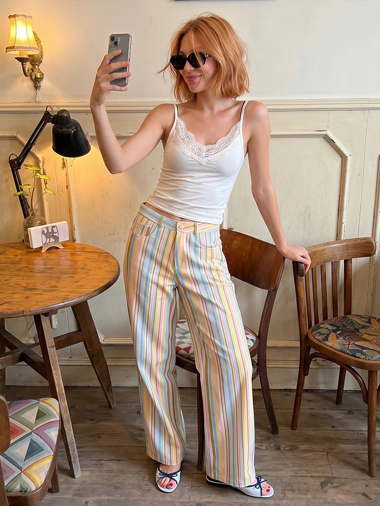 HH Summer Vacation Pastel Striped Wide Leg Pants High Waisted Multicolor Loose Trousers Casual Beach Office Festival Outfit