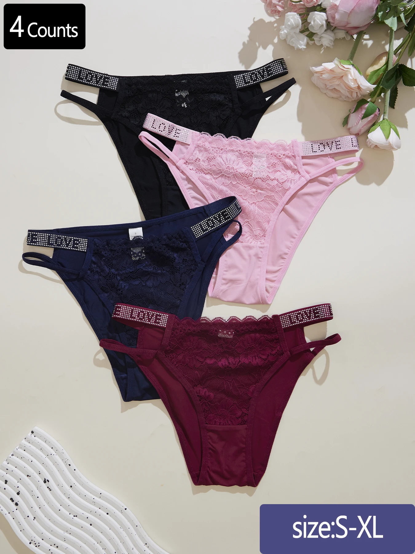 Sexy girls' underwear. Simple mid-low waist, thin strap rhinestone belt, lace trim, breathable triangle panties for women. Pure