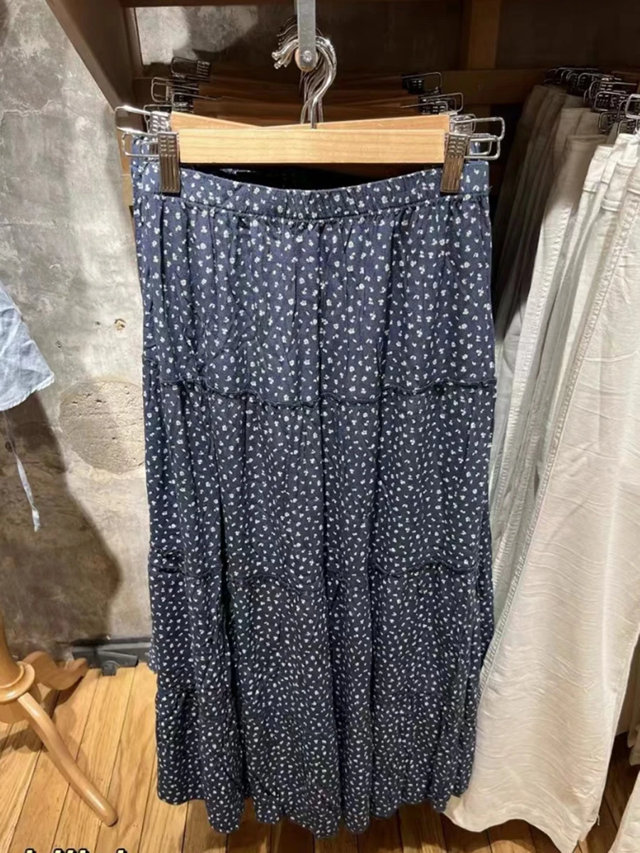 Imagem -04 - Impressão Floral Ruffles Maxi Saia Mulher Verão Cintura Alta a Linha Denim Azul Solto Saias Longas 2023 Doce Bonito Streetwear Y2k Falda