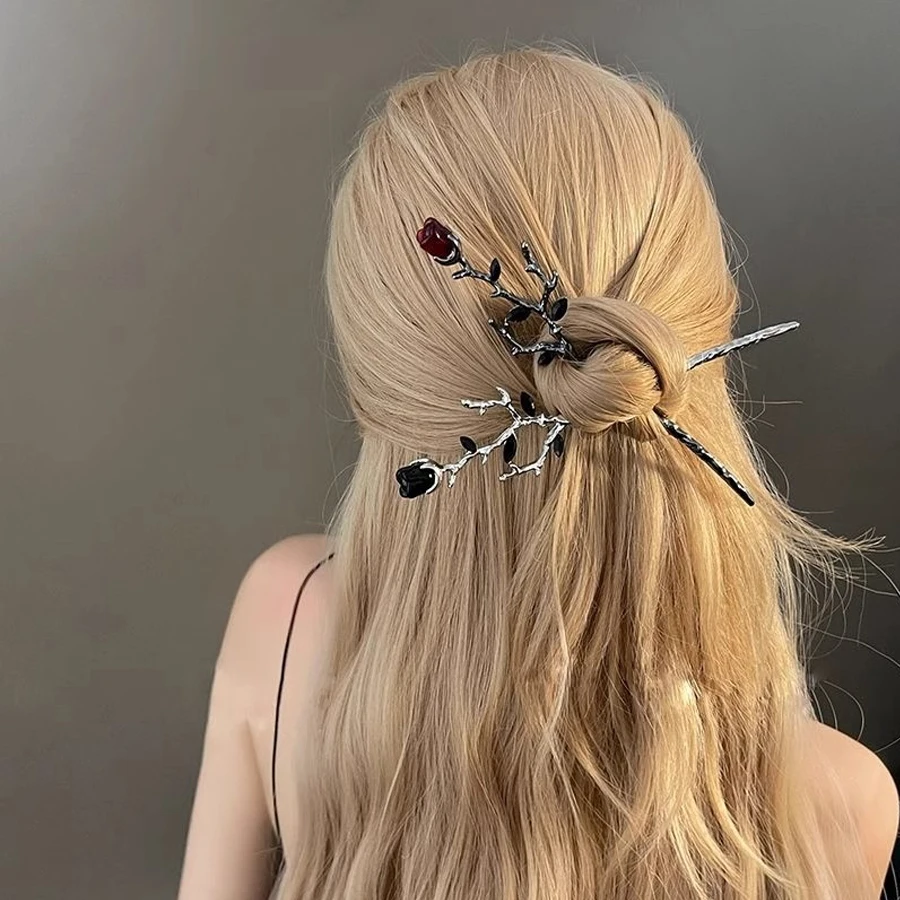 Vintage Gothic Rose Hair Stick Rose Flower Crystal Branch Metal Texture Vintage Hair Accessories for Women Headwear Jewelry