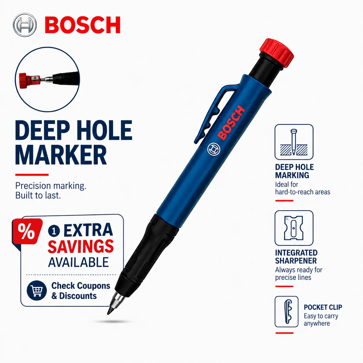 BOSCH 2.8mm HB Deep Hole Marking Pencil Woodworking Carpenter Pencil With Built-In Sharpener Construction Measuring Tool DIY